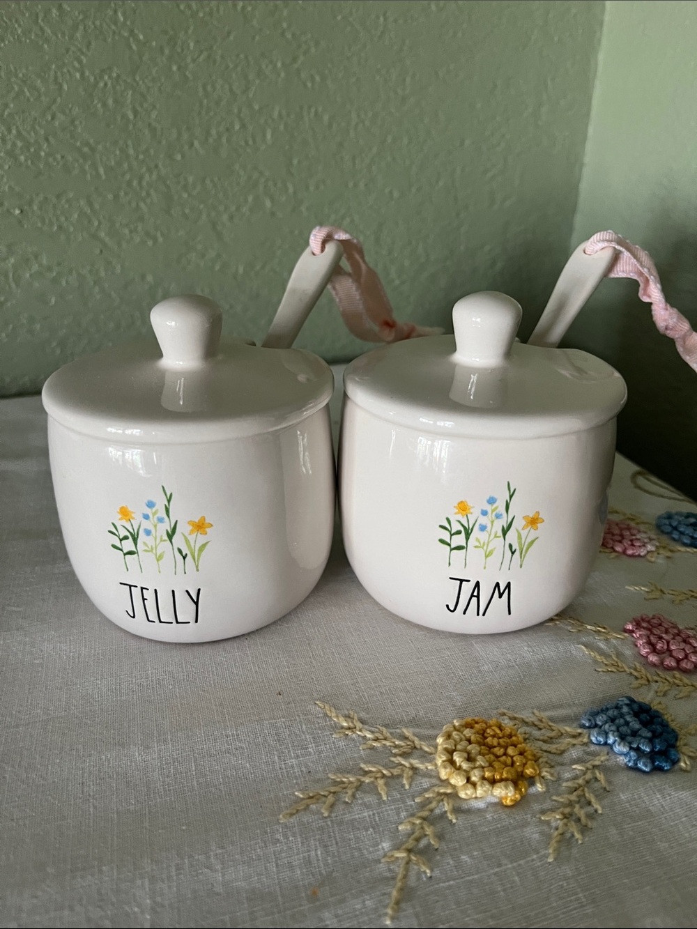 Rae Dunn JELLY & JAM Ceramic Canister Set Floral Lidded New Unused